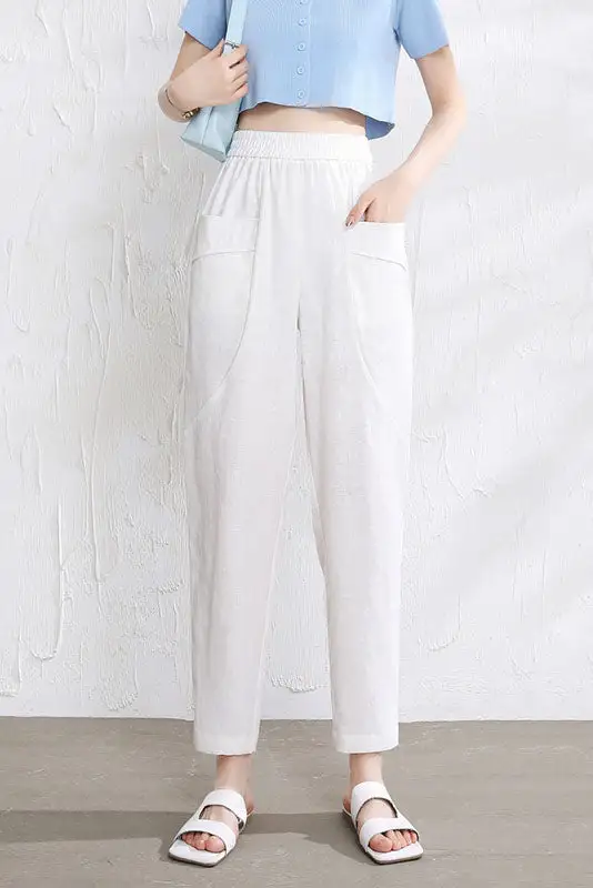 Linen Straight Leg Elastic Waist Pocketed Trousers