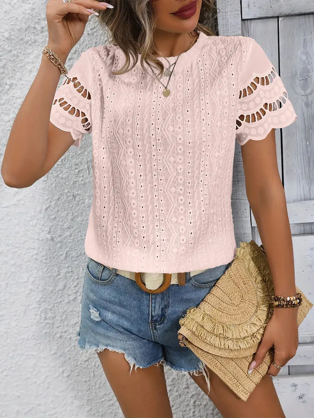 Eyelet Round Neck Short Sleeve Top