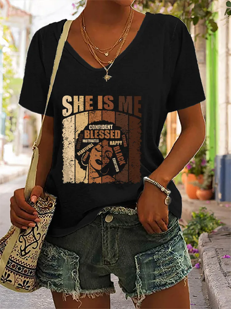 Women's She Is Me Confident Blessed Black V-Neck Short-Sleeved T-Shirt