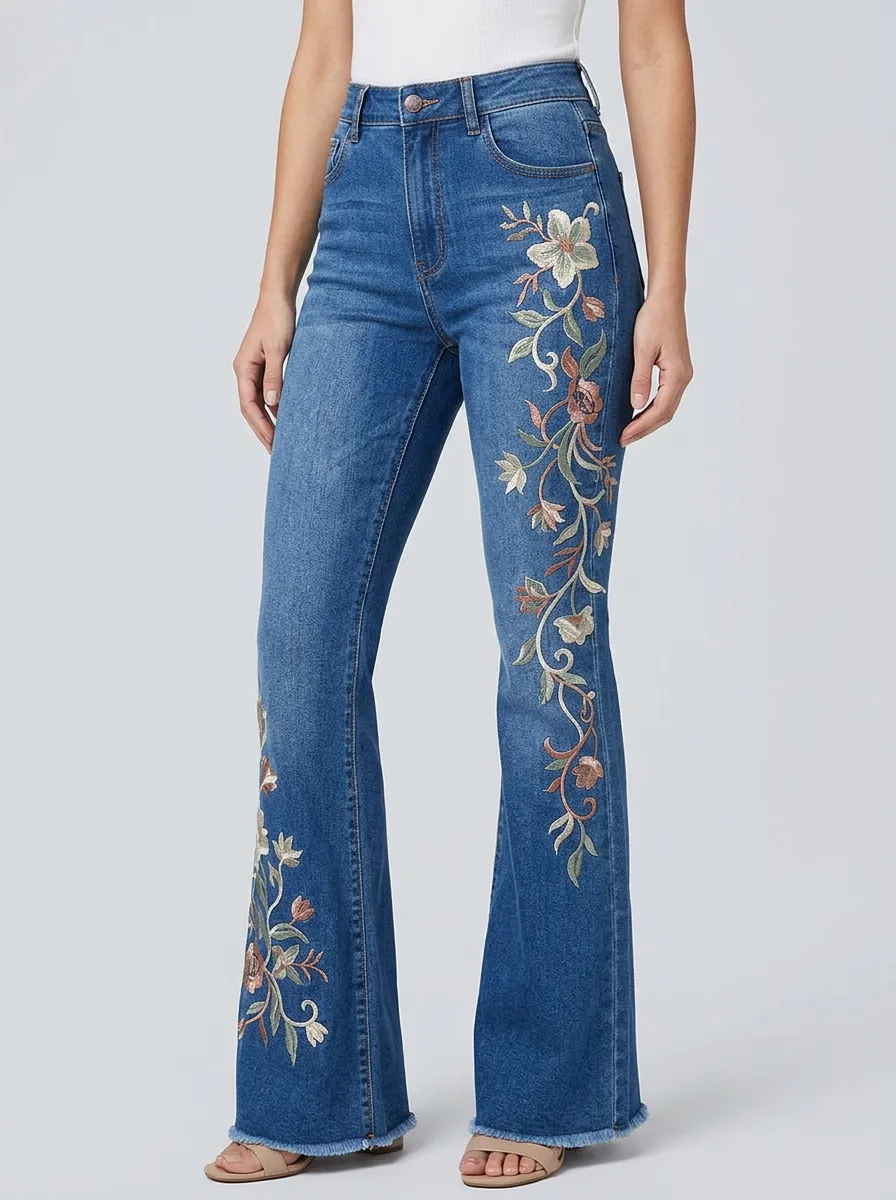Women's Heritage Medium Wash Floral Embroidery High-Rise Flare Jeans