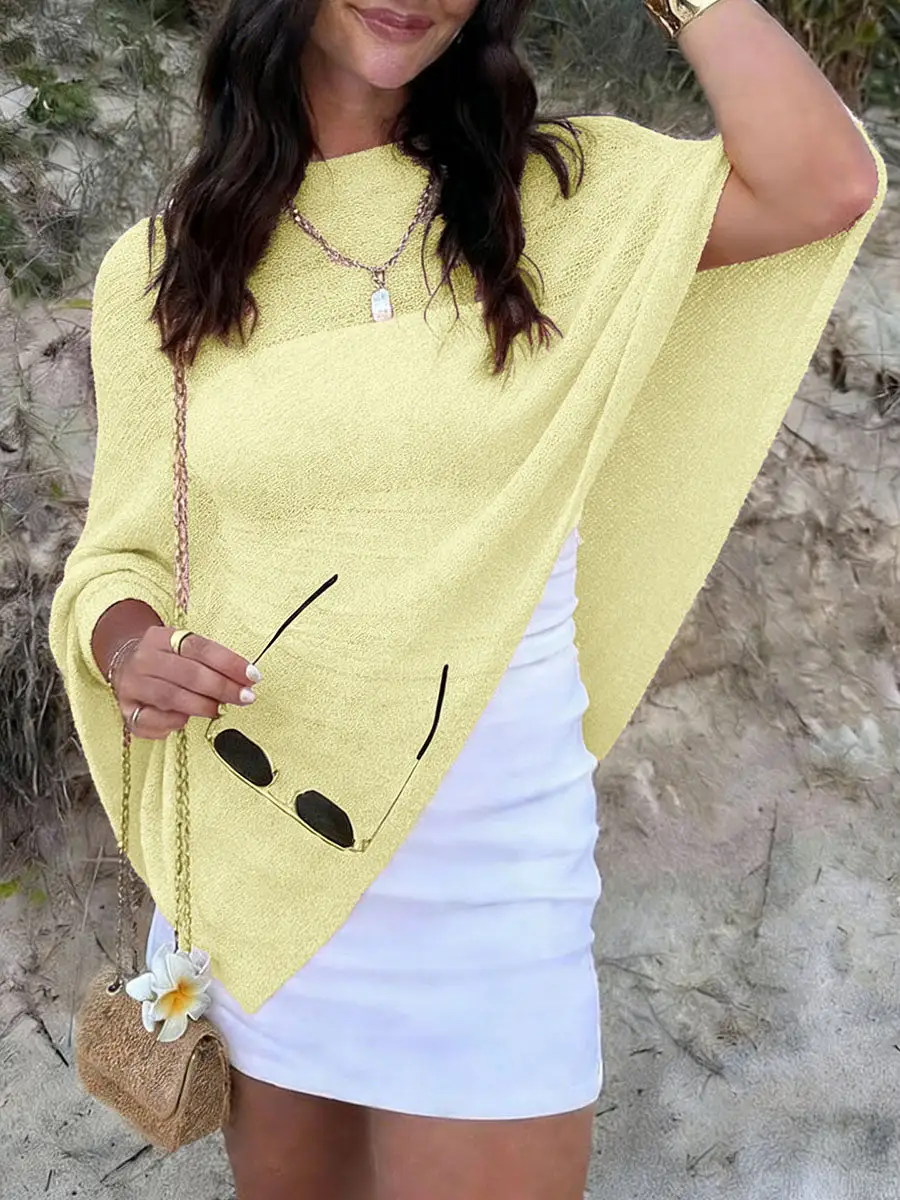 Sheer Detail Asymmetric One Shoulder Relaxed Fit Knit Cape