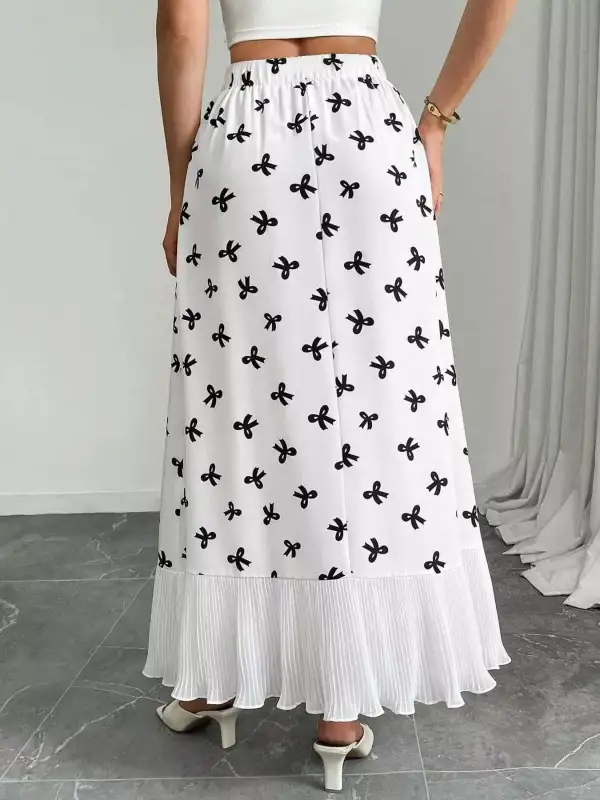Bow Print Ruffle Hem Flowy Maxi Skirt