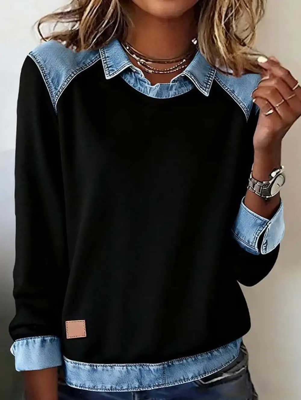Denim Collar Patchwork Top