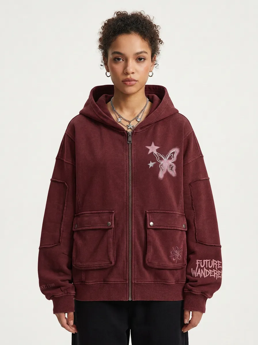 Women's Streetwear Butterfly Star Graphic Printed Zip-up Hoodie