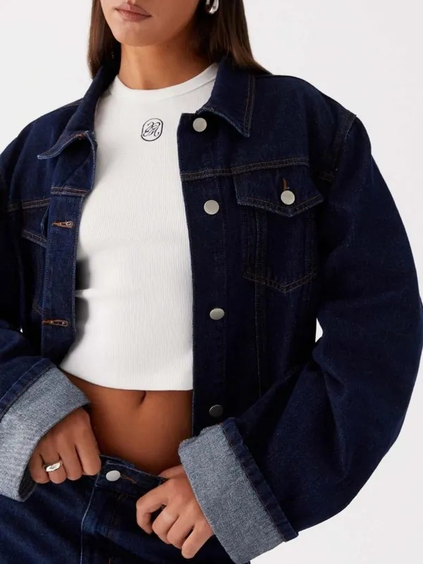 Button-Down Cropped Oversized Denim Jacket