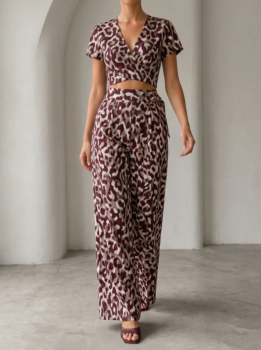 Women's Leopard Print V-Neck Cropped Patterned Wide Leg Pants Set