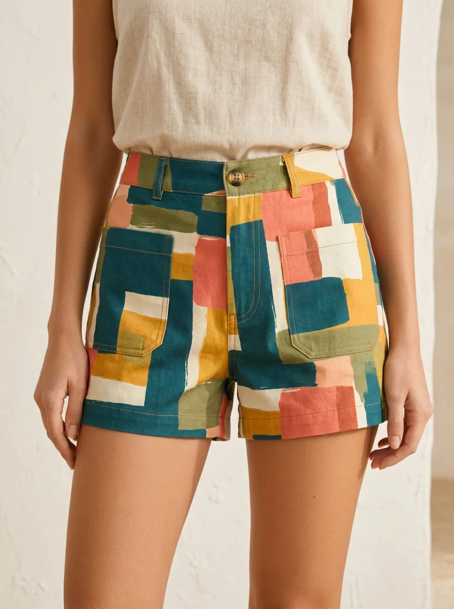 Women's Abstract Geometric Colorblock Straight Hem Printed Shorts