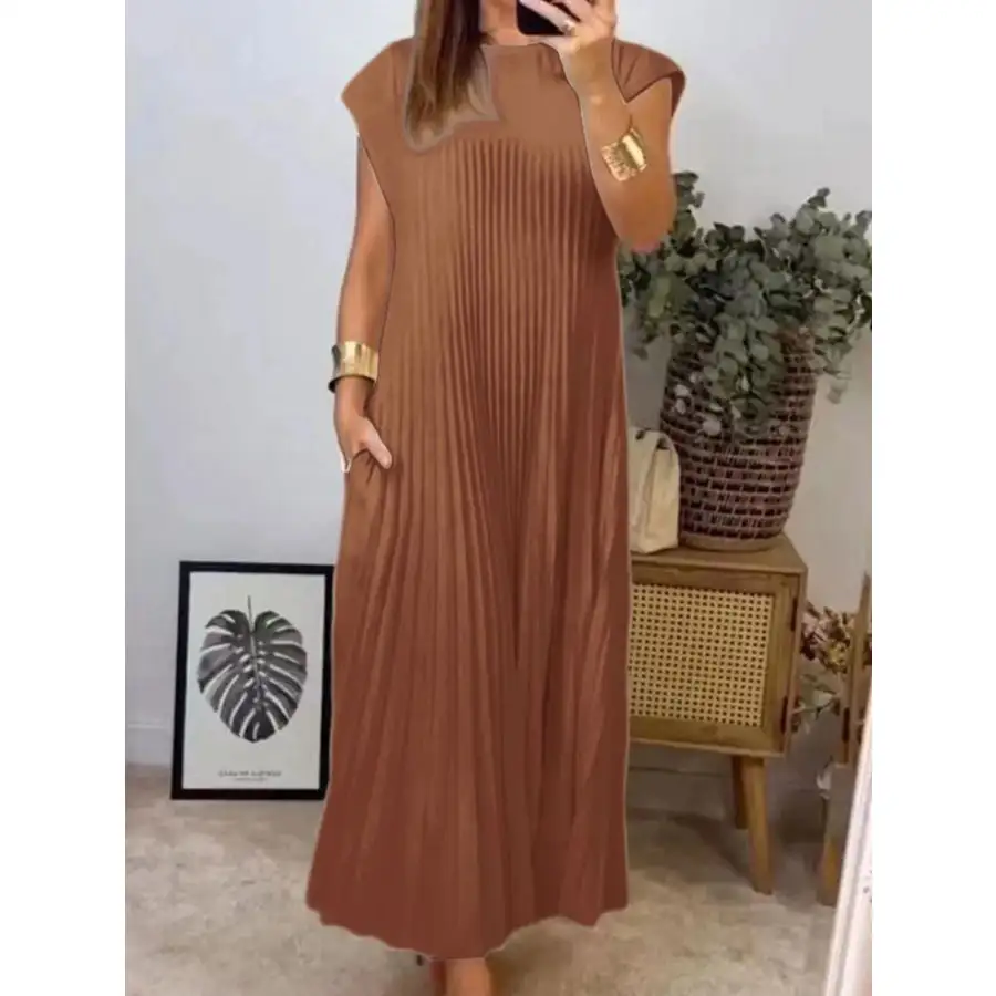 Classic Full Size Pleated Round Neck Maxi Dress Plus Size