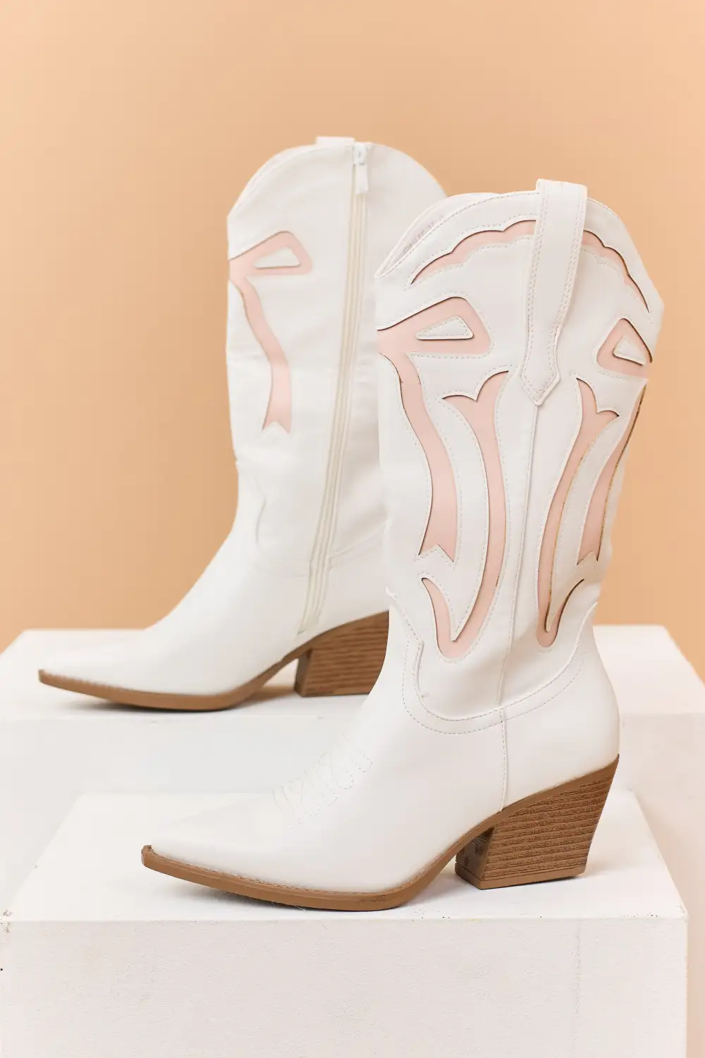 Ivory and Blush Faux Leather Western Style Boots