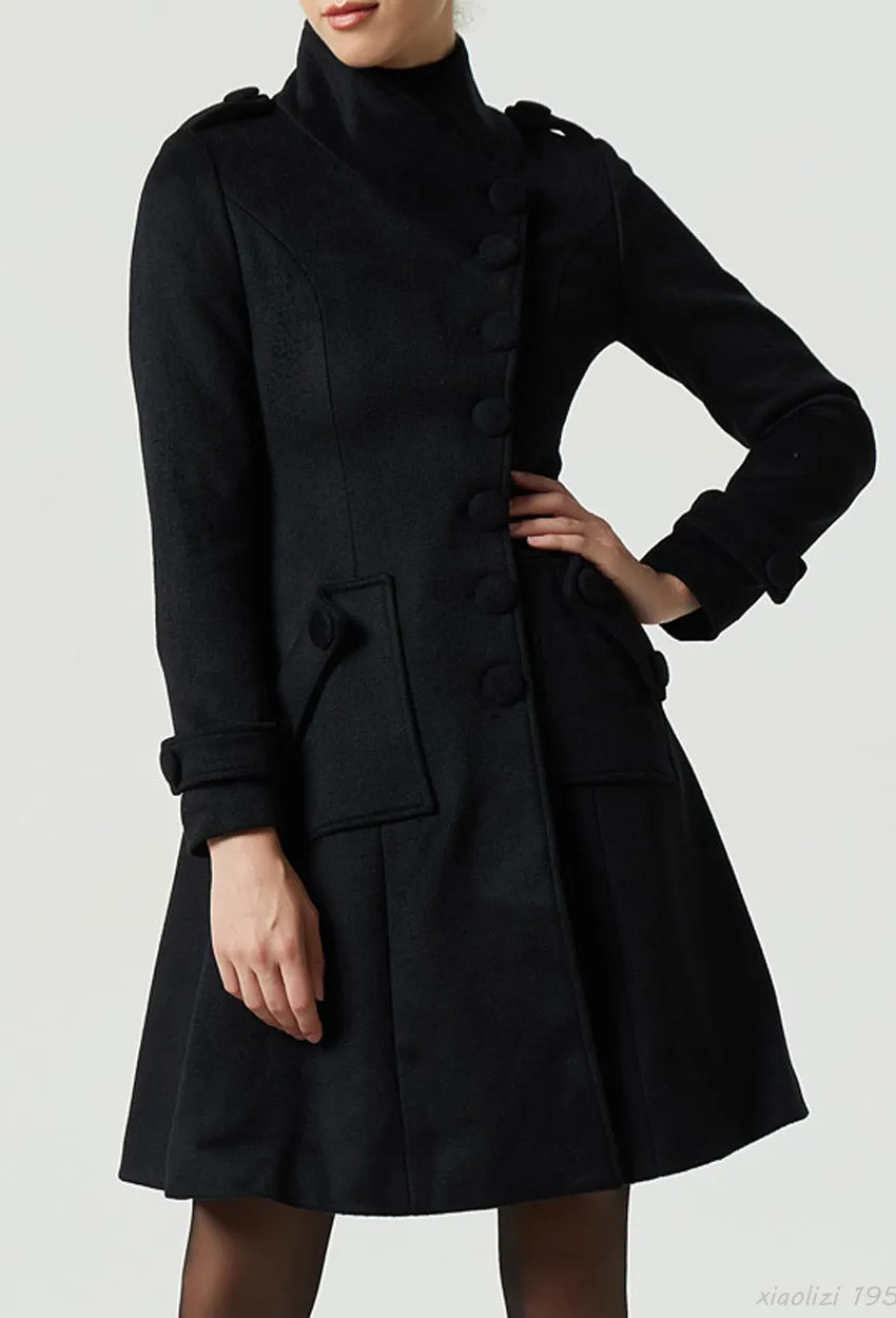 Wool Blend Tailored Single Breasted Stand Collar Pocketed Coat