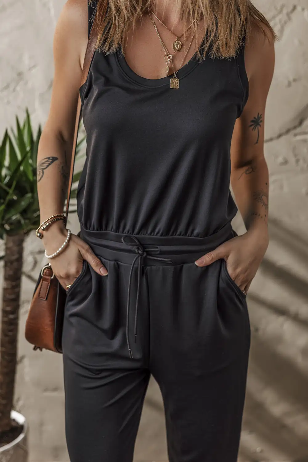 Casual Tank Tie Waist Pocketed Jumpsuit Jogger Pants