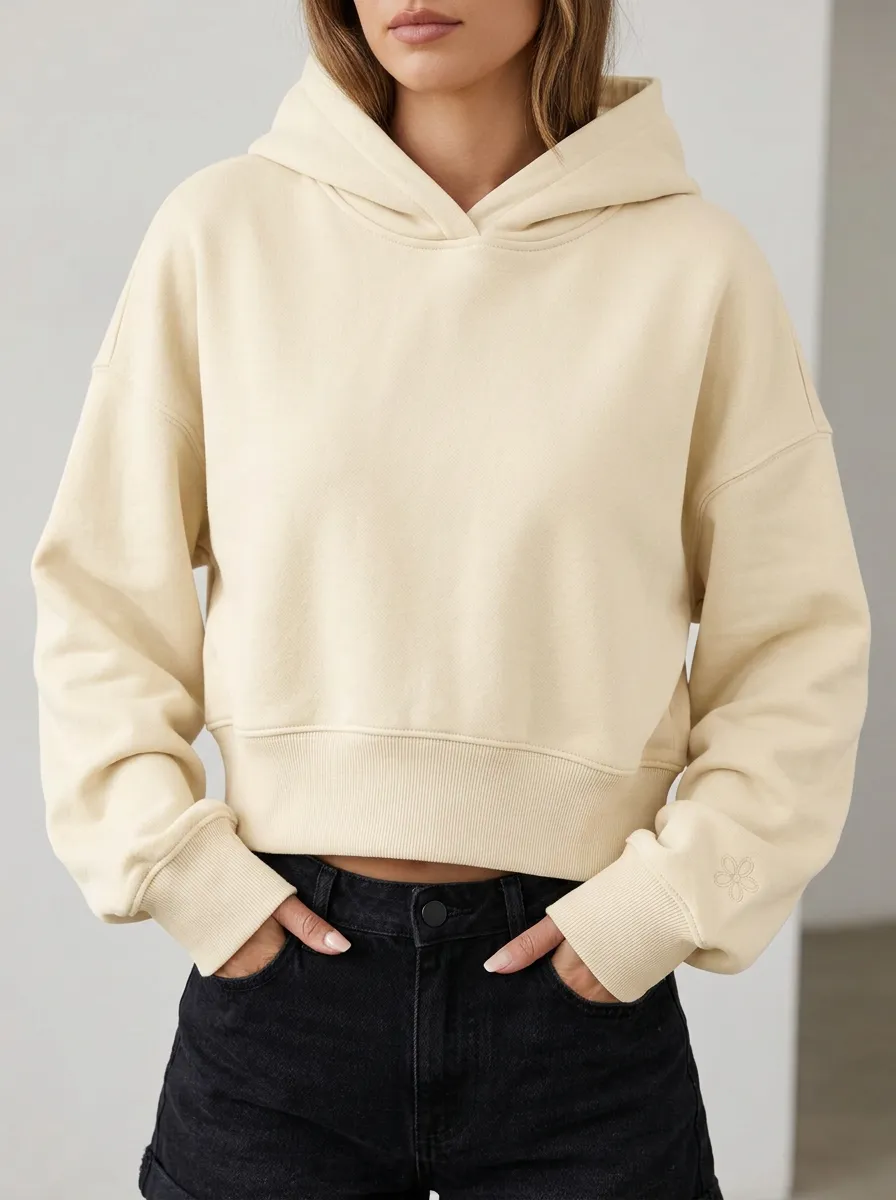 Women's Minimalist Flower Embroidered Solid Beige Cropped Hoodie