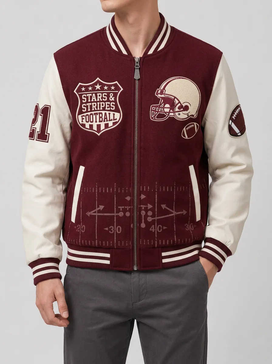 Men's American Football Fan Stars Stripes Helmet Printed Varsity Jacket