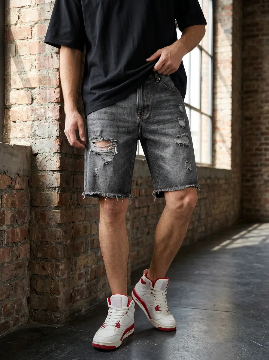 Men's Washed Ripped Denim Shorts with Five Pocket