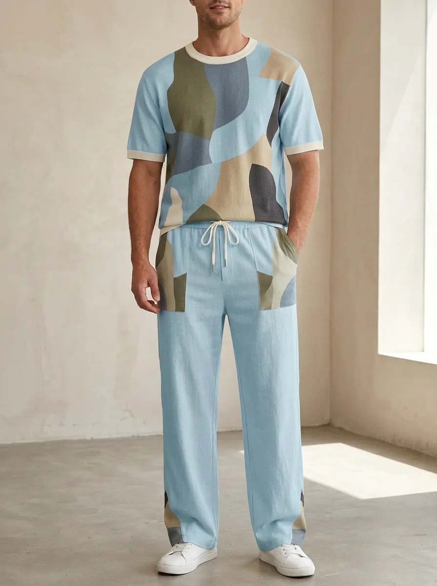 Men's Abstract Geometric Pattern Printed Casual Lounge Set