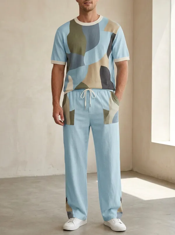 Men's Abstract Geometric Pattern Printed Casual Lounge Set