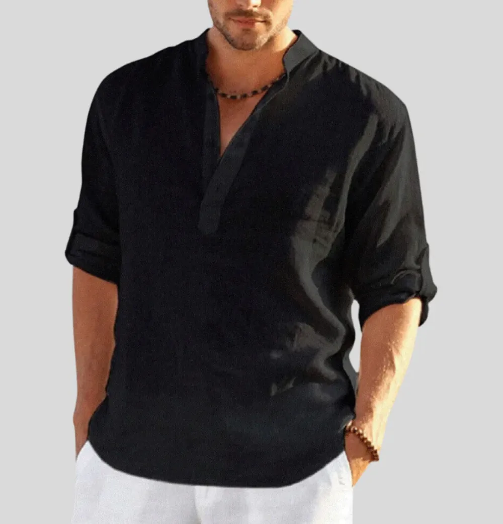 Linen Henley Collar Long Sleeve Shirt