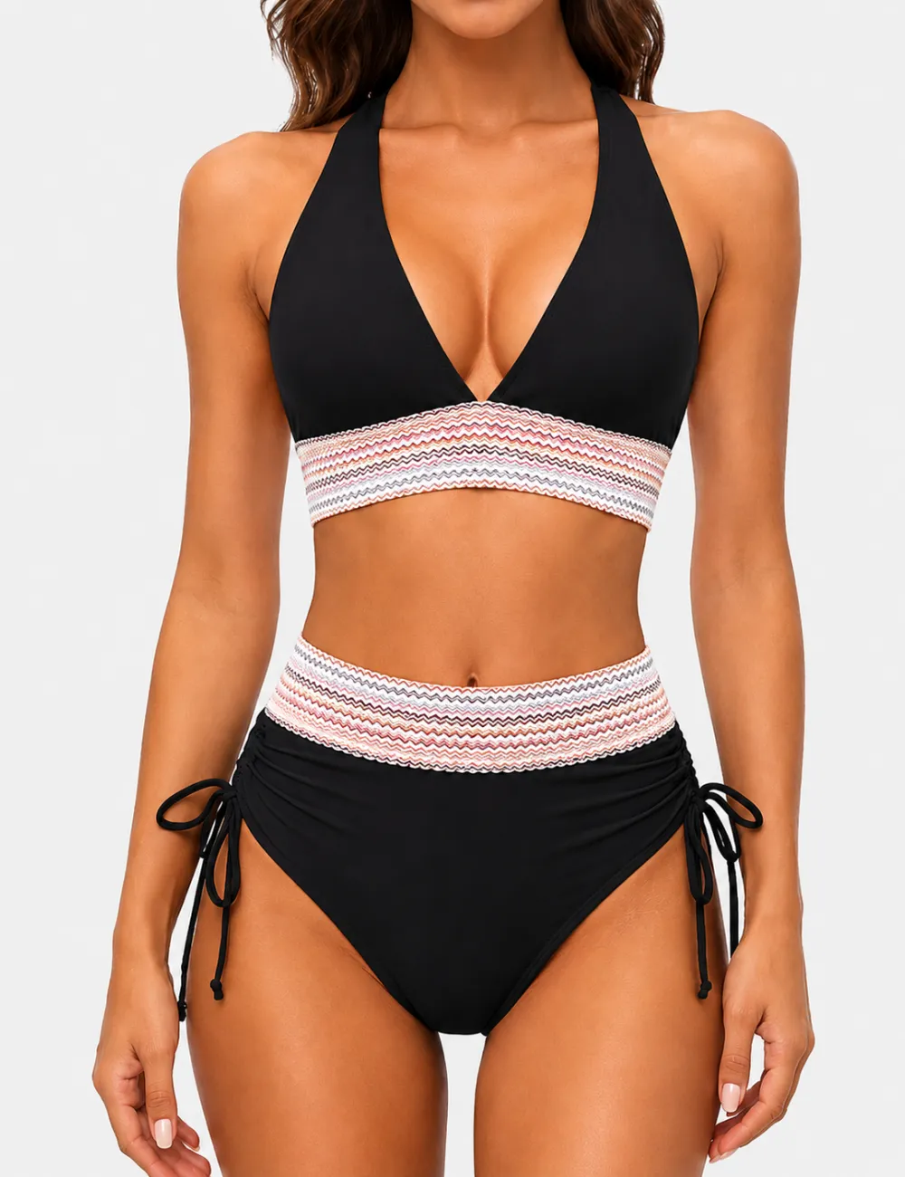 Deep V Neck Colorful Zigzag Smocked Trim Bikini Set