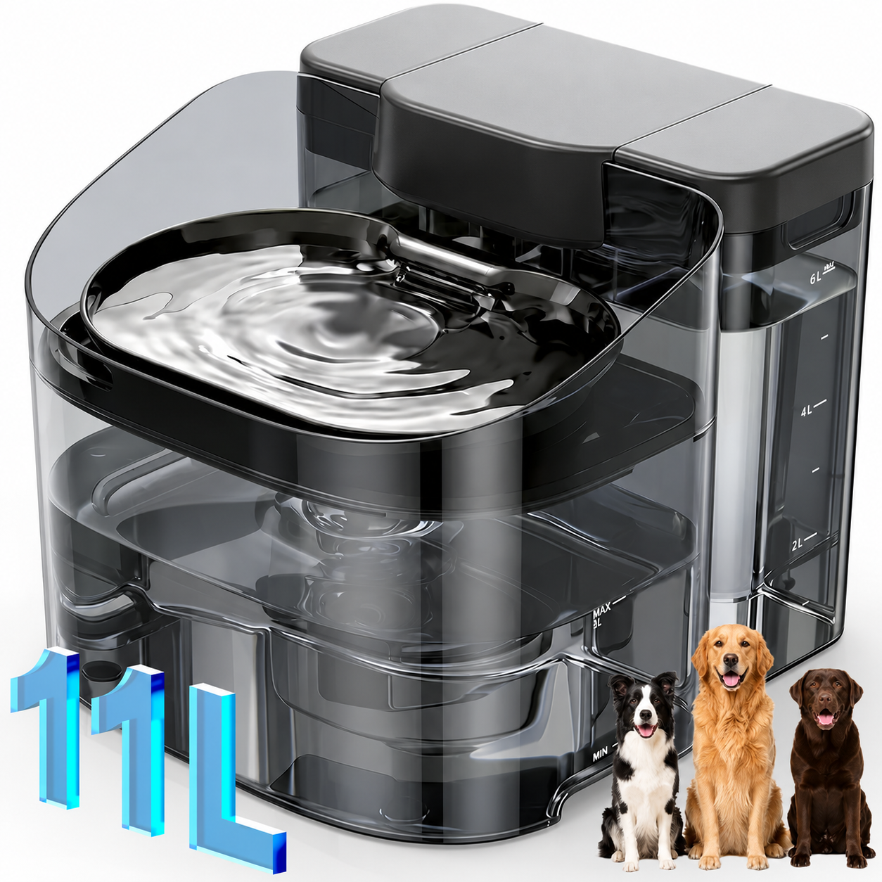 Large-capacity dog water fountain with clear reserve tank