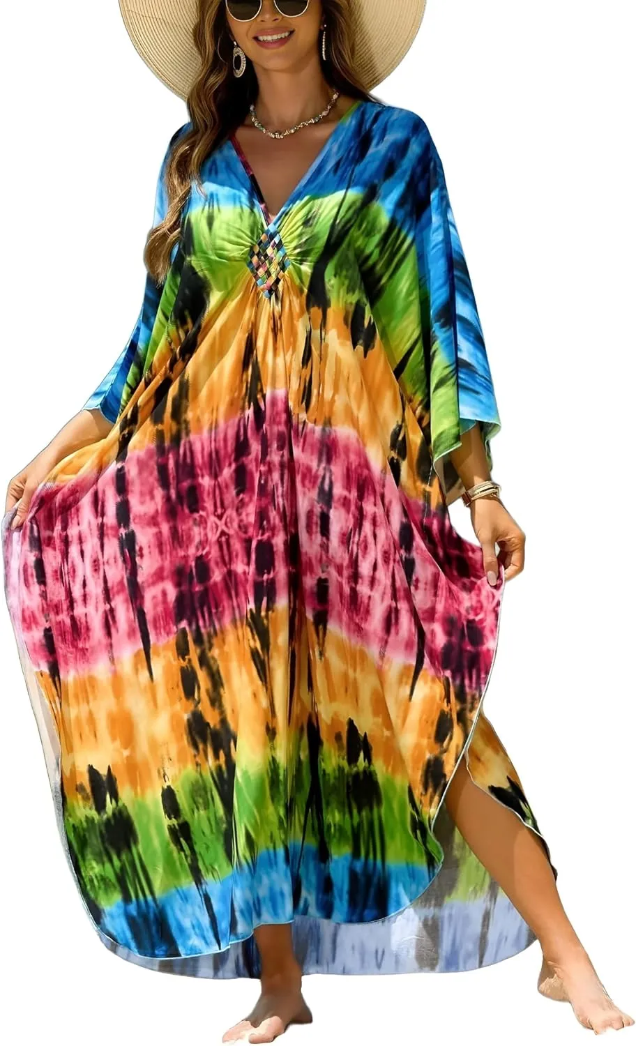 IMAGEKOPE Kaftan Dresses for Women Plus Size V-Neck Moo Moos Batwing Kaftan Beach Dress Bathing Suit Cover-Up Loungewear