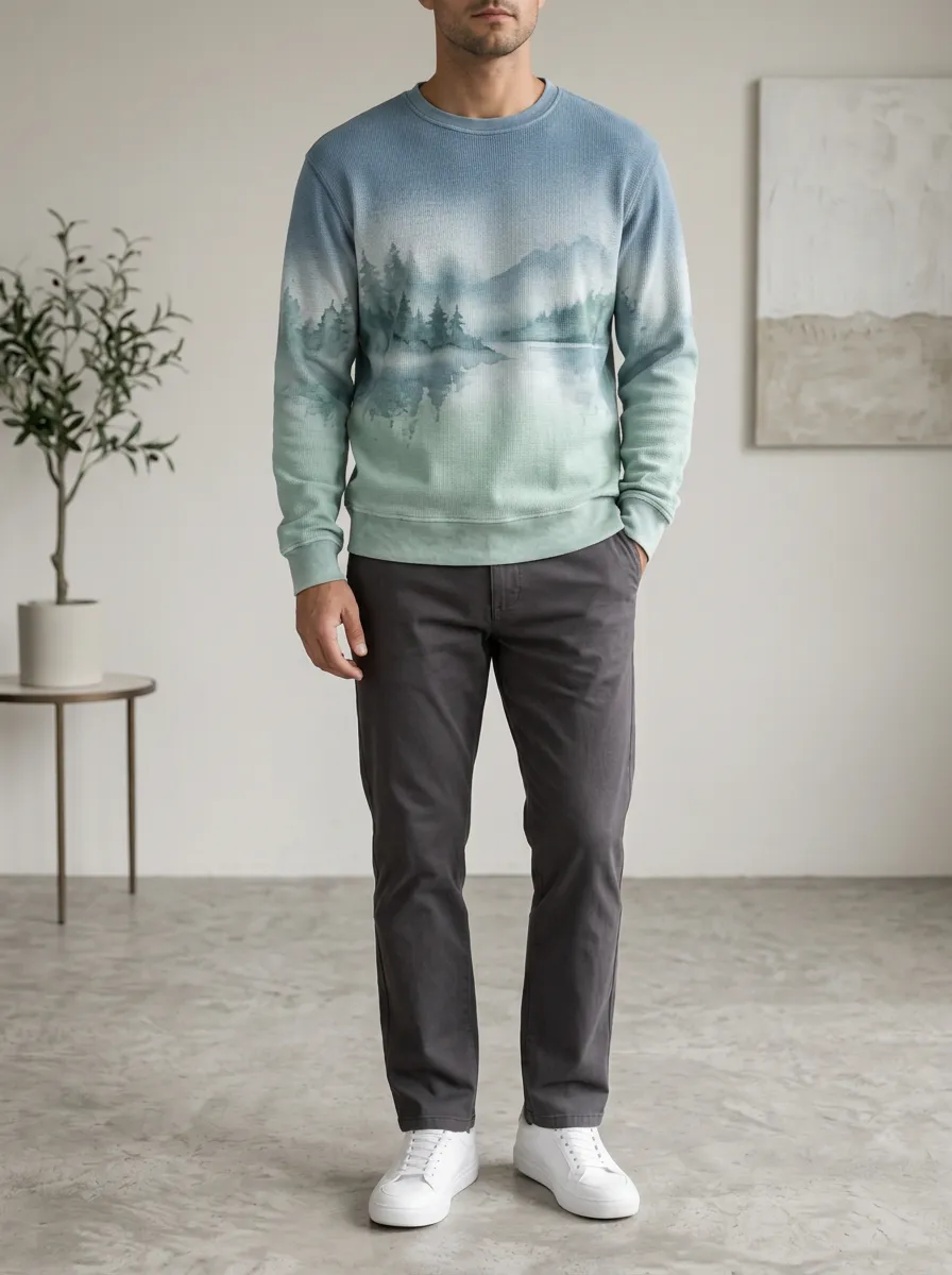 Men's Nature Landscape Forest Printed Waffle Knit Sweatshirt