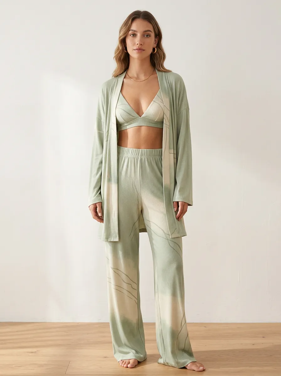 Ribbed Abstract Line Cardigan Lounge Set