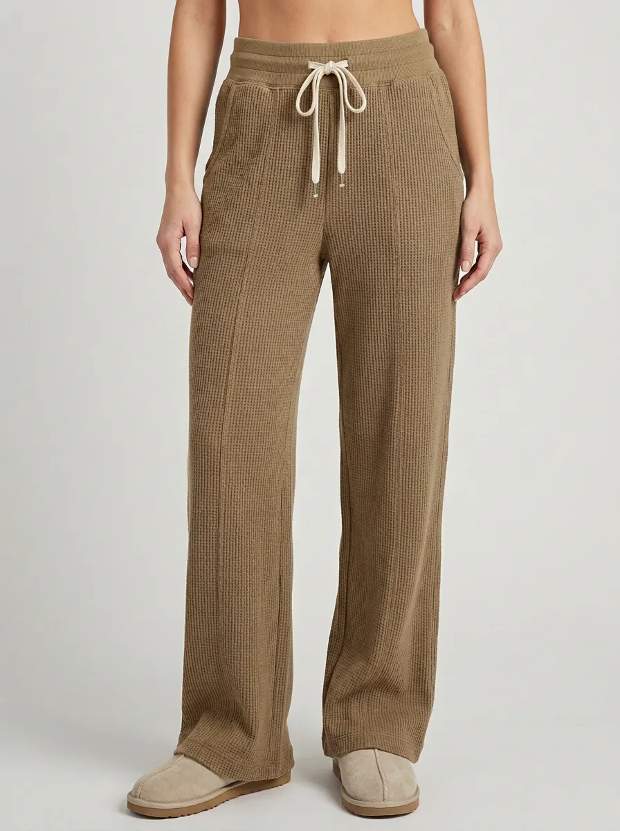 Women's Casual Lounge Waffle Knit Drawstring Wide Leg Pants