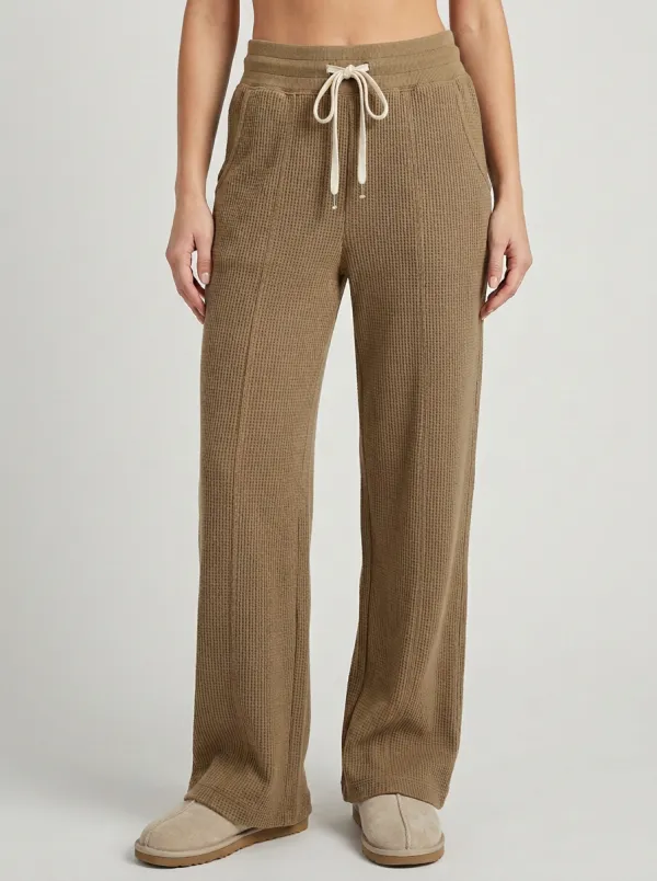 Women's Casual Lounge Waffle Knit Drawstring Wide Leg Pants