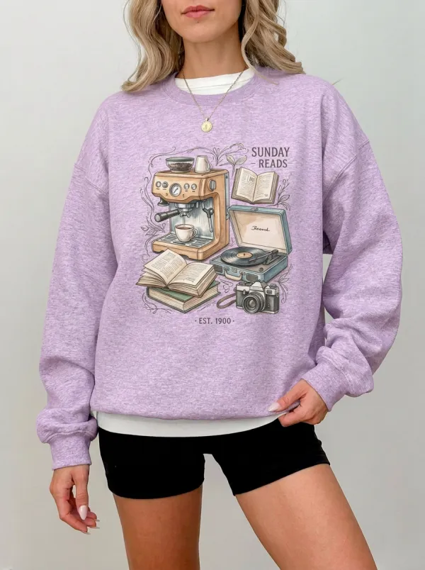 Women's Sunday Reads Coffee Book Record Player Graphic Sweatshirt