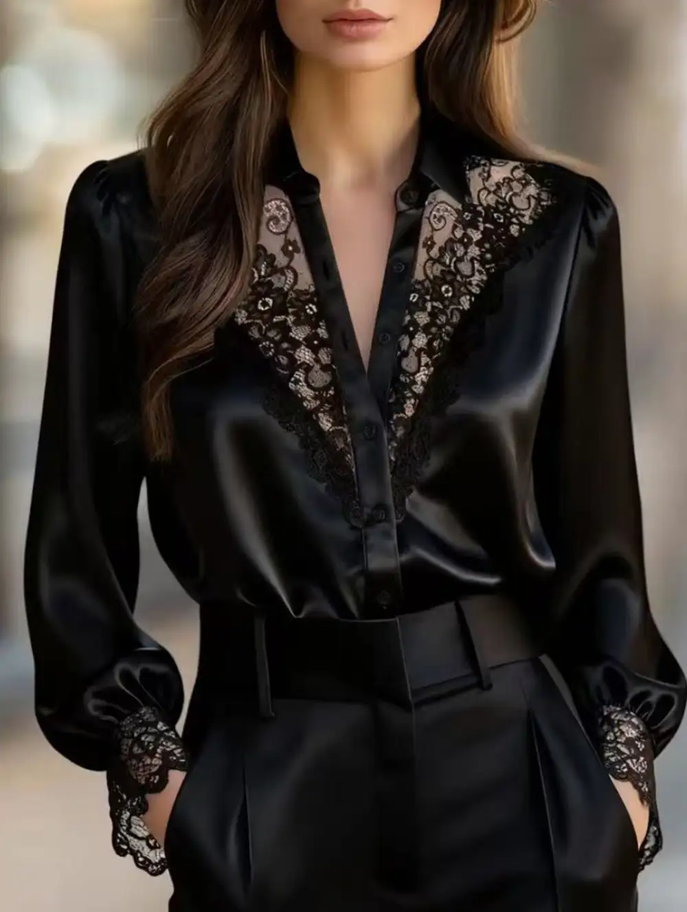 Simple Lace Detail V Neck Blouse