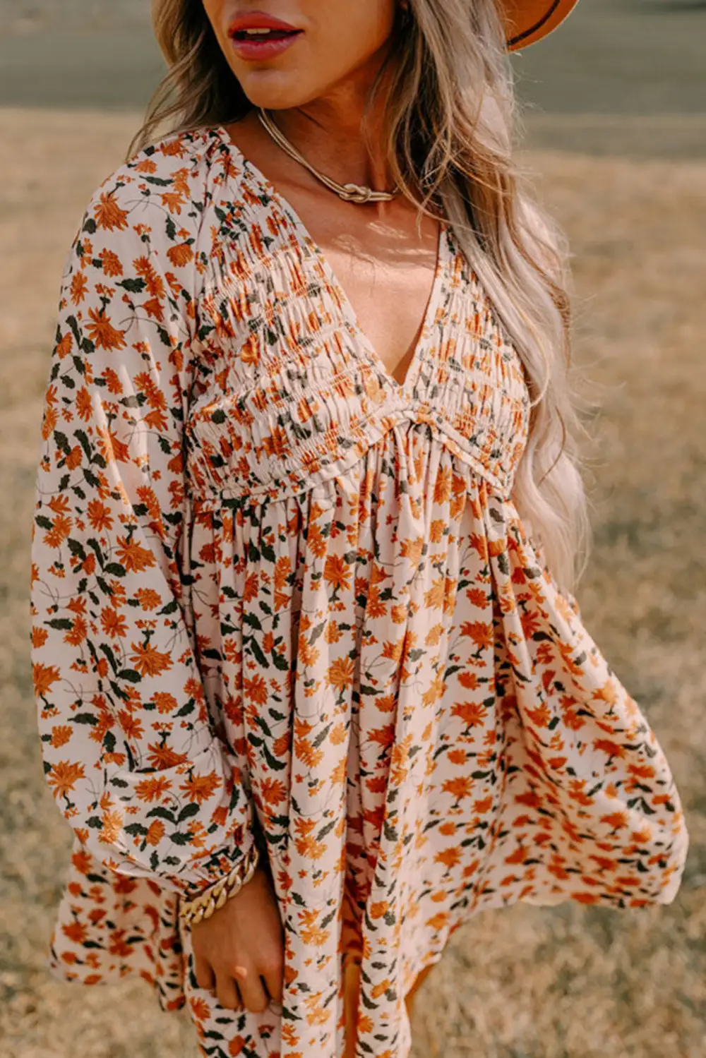Classic Floral Deep V Neck Smocked Bust Bubble Sleeve Babydoll Dress