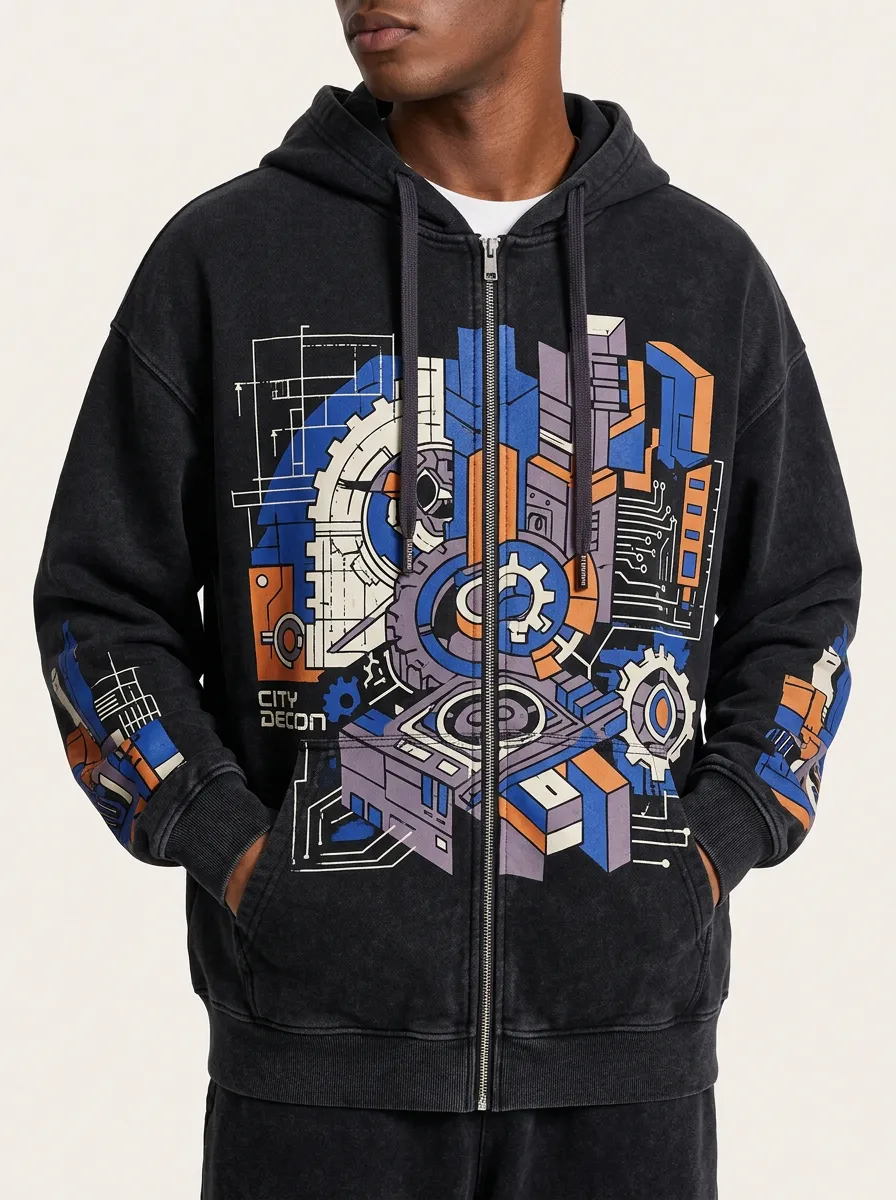 Men's City Decon Cyberpunk Graphic Printed Zip Up Hoodie