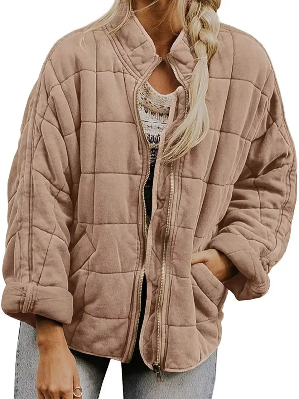 Full Size Zip Up Quilted Bomber Jacket Plus Size