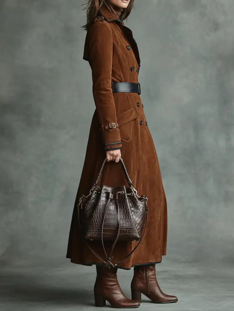 Double-Breasted Suede Long Coat
