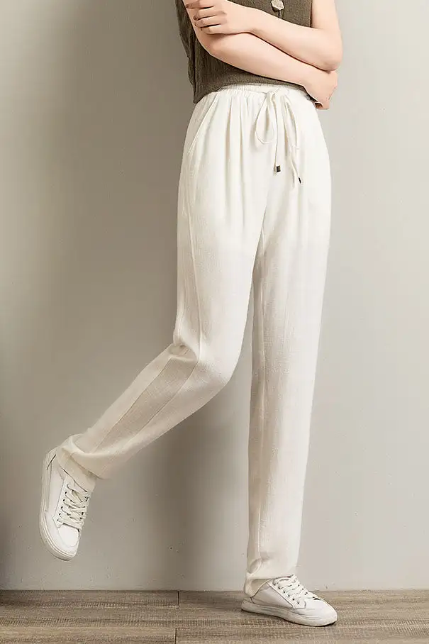 Polished Linen Wide Leg Elastic Waist Pocketed Trousers