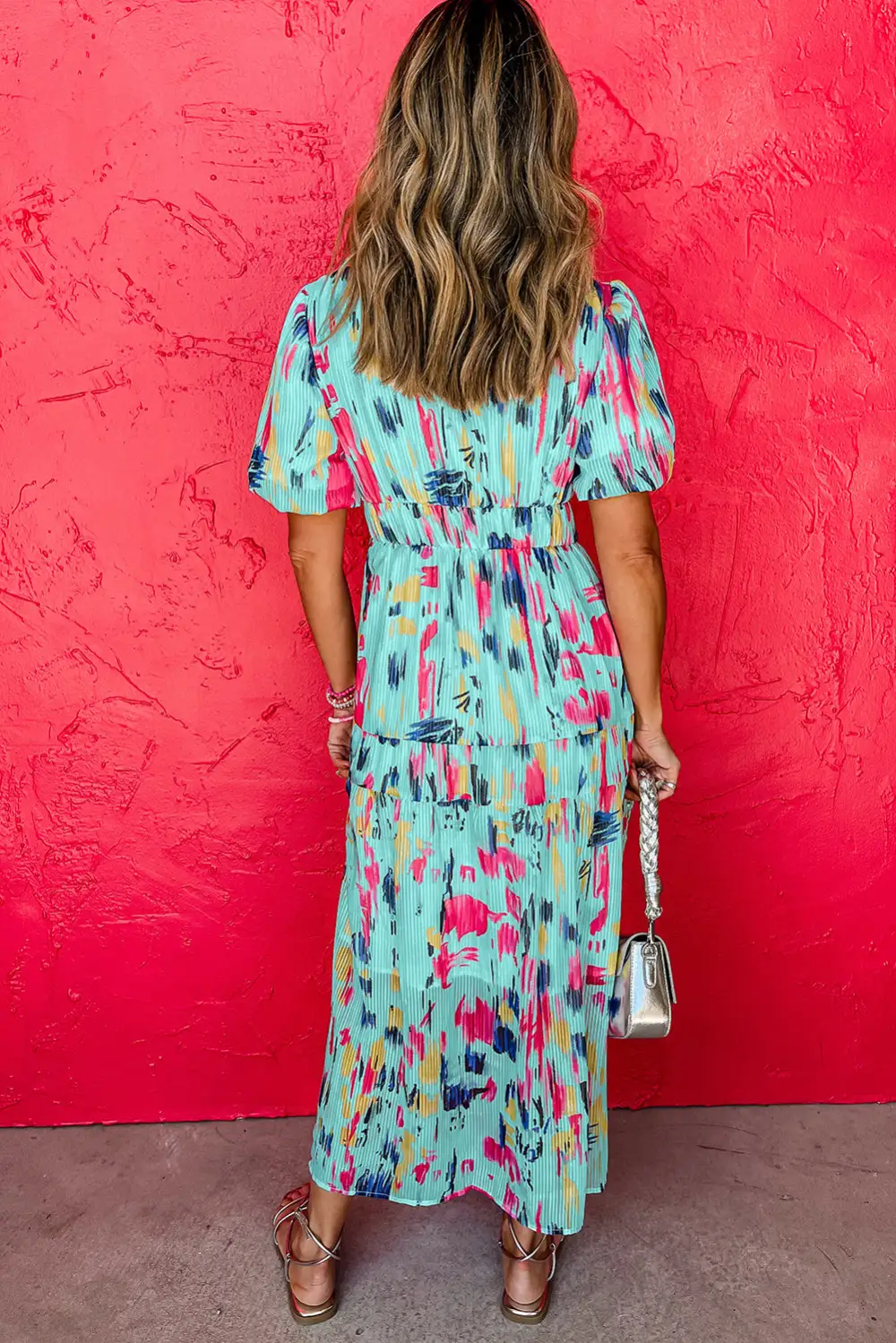 Abstract Print Tiered Puff Sleeve Maxi Dress