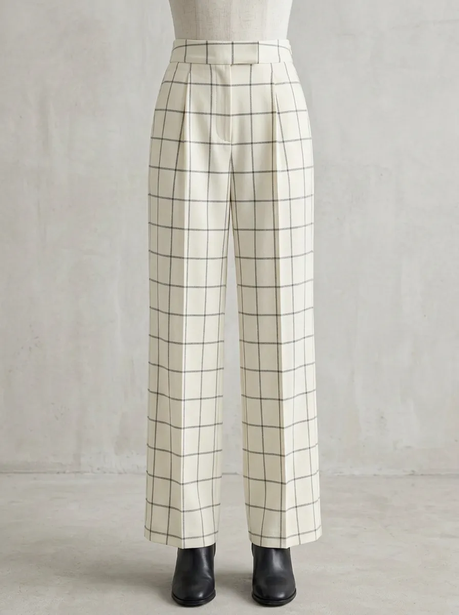 Office Plaid Printed Wide-Leg Trousers
