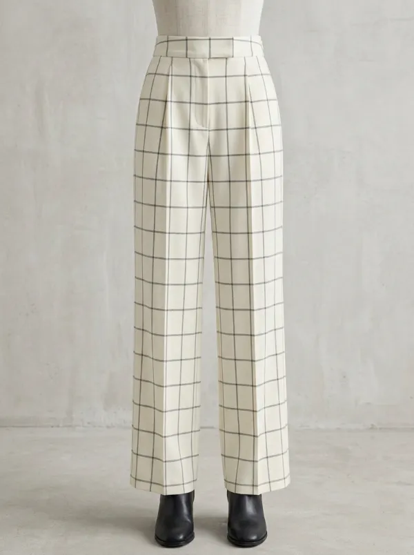 Office Plaid Printed Wide-Leg Trousers