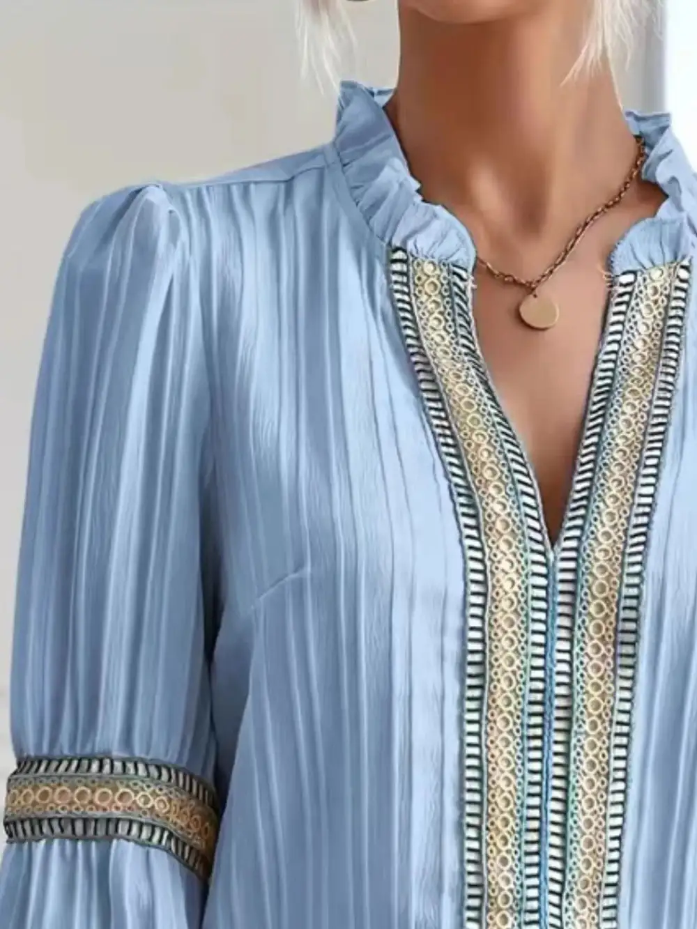 Refined Notched-Neck Balloon-Sleeve Blouse