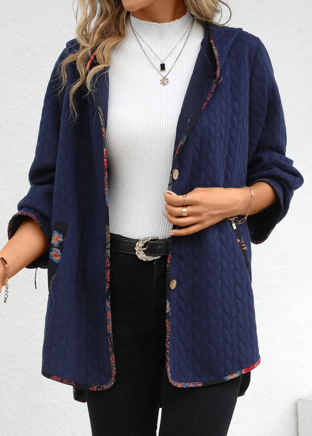 Navy Pocket Long Sleeve Hooded Coat