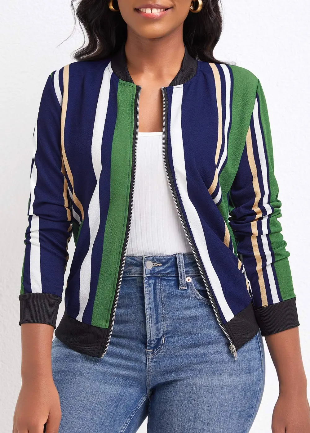 Green Pocket Multi Stripe Print Long Sleeve Coat