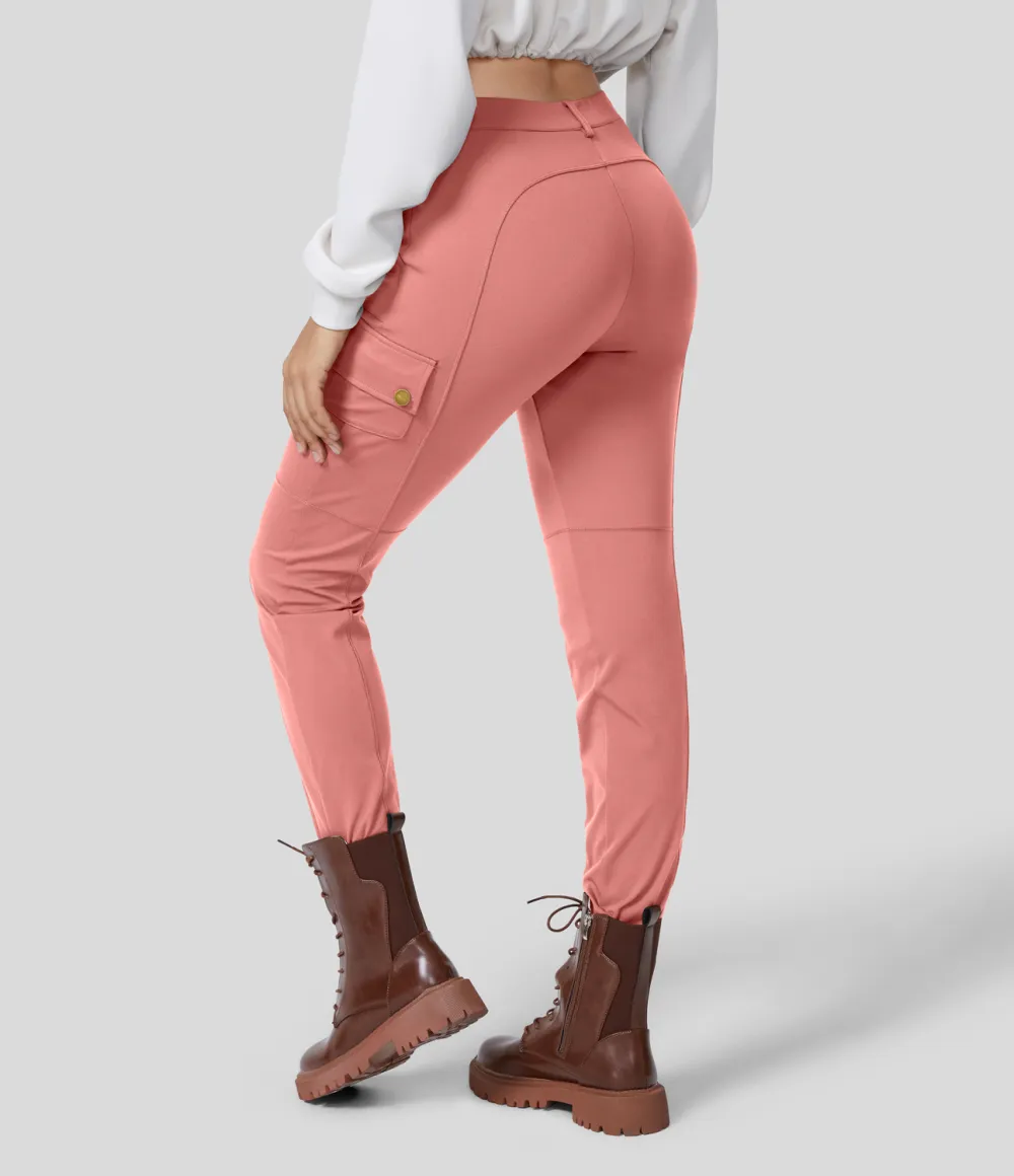High Waisted Button Zipper Multiple Pockets Solid Skinny Cargo Pants