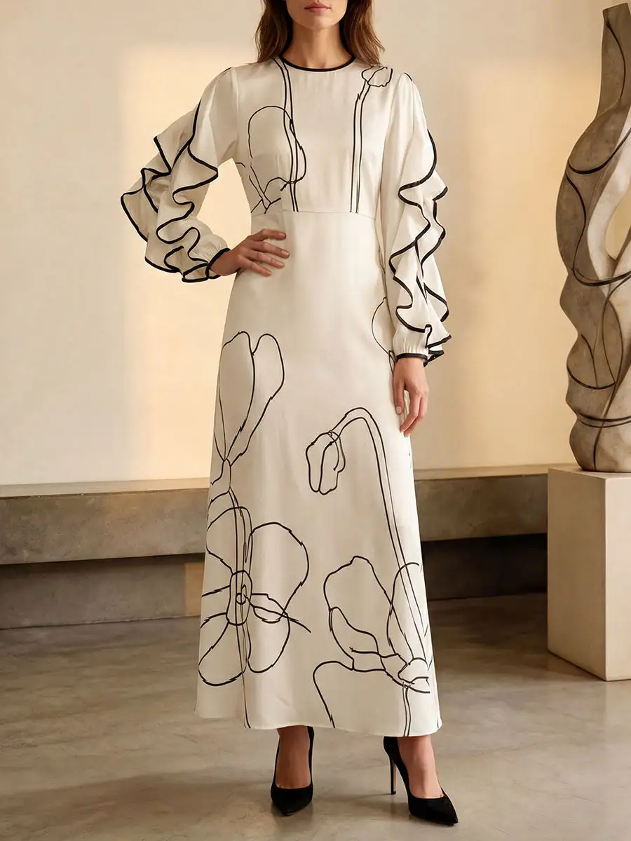 Women's Loose Fit Printed Ruffled Zipper Maxi Dress