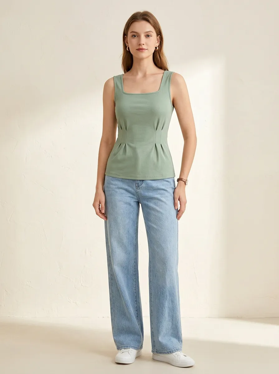 Fitted Square-Neck Pleated Tank Top