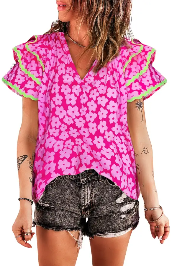 Pink Floral ContrastLayered Ruffle Sleeve Blouse