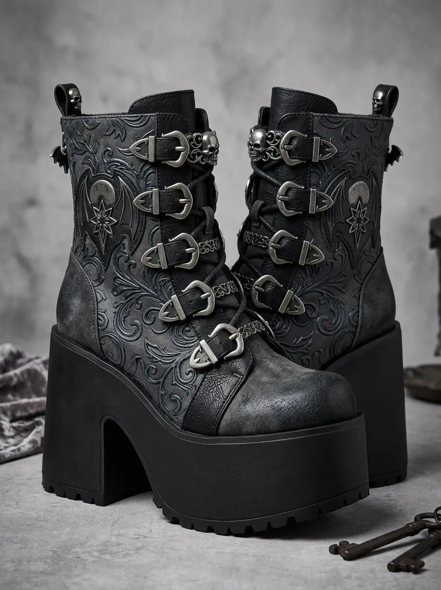 Dark Skull Bat Wing Detail Women's Gothic Platform Boots