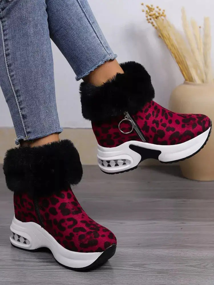 Fuzzy Side Zipper Platform Ankle Boots