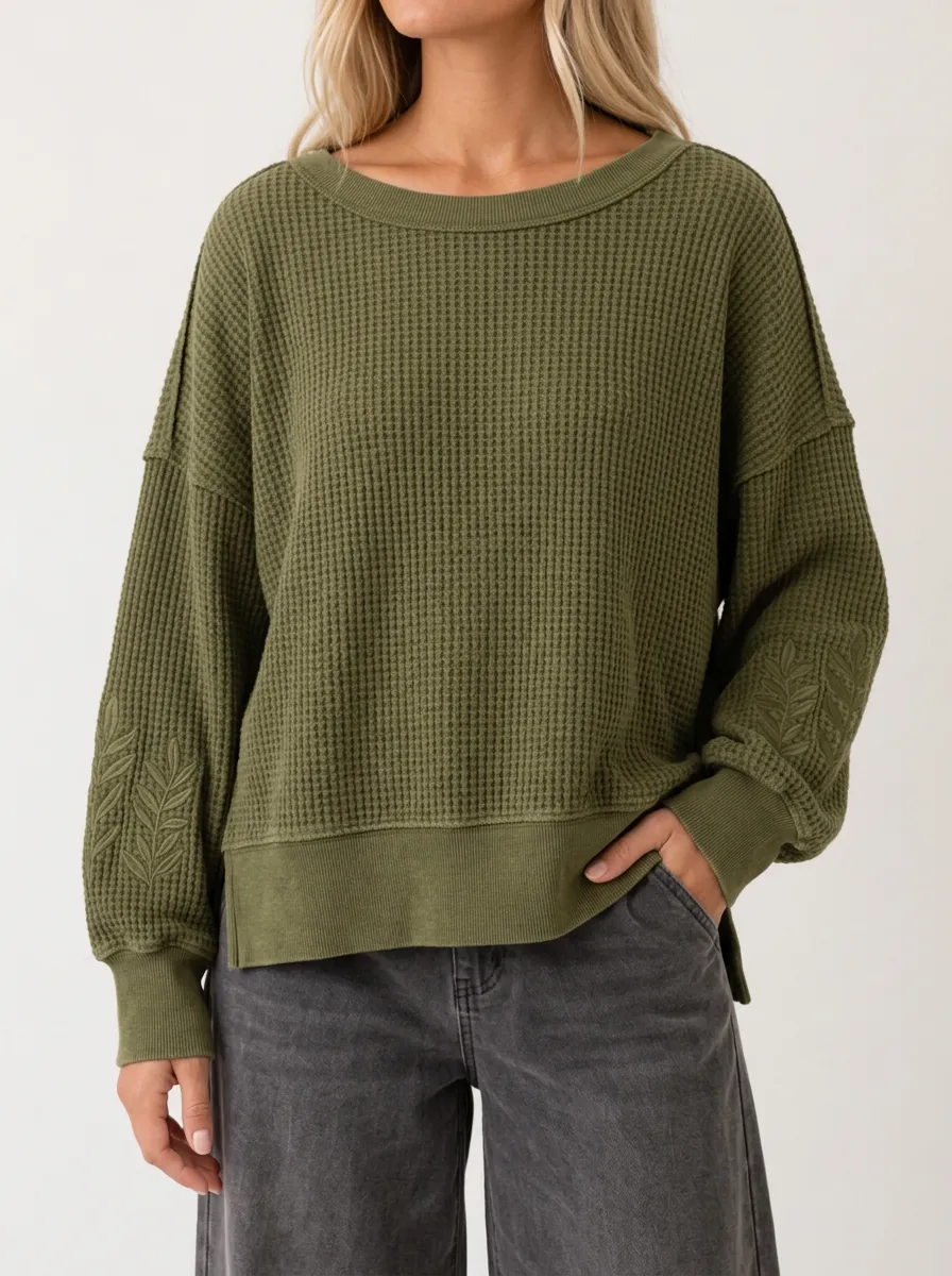 Textured Casual Leaf Embroidered Waffle Knit Top