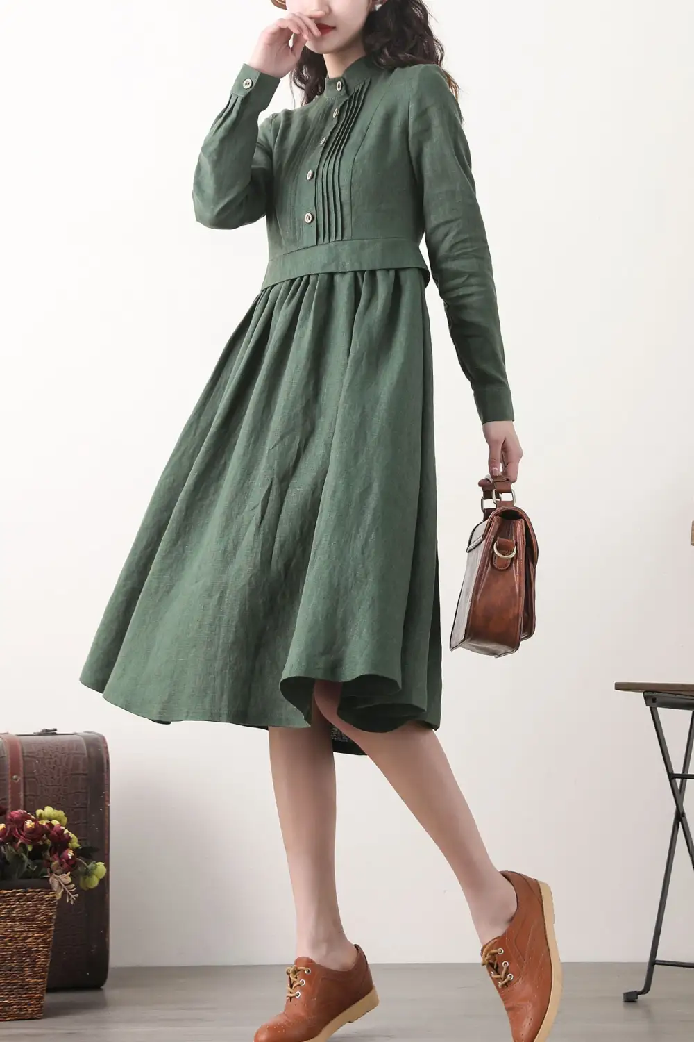 Refined Linen Pleated Long Sleeve Midi Dress
