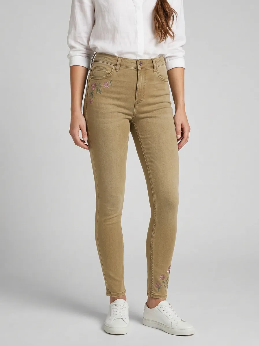 Women's Ridge Floral Pink Flower Embroidered Slim Jeans